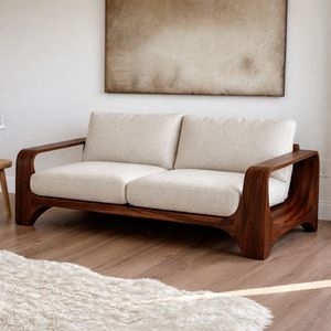 Mid-Century Natural <b>Wood</b> Loveseat <b>Sofa</b> - Product Image 1