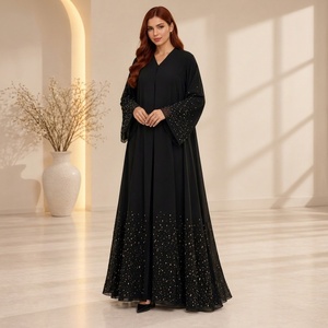 Vestido Abaya Negro de Manga Larga con Puños con Cuentas Doradas y Dobladillo Decorativo para Mujer, para un Estilo Elegante, Festivo y Modesto - Product Image 1