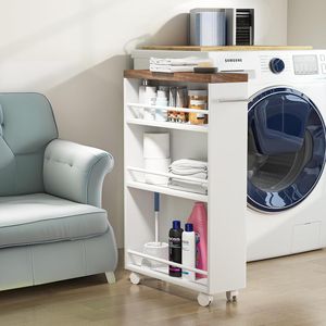 4 Tier Slide Slim Utility Storage Cart Rolling Narrow Kitchen <b>Wheels</b> <b>Small</b> Place Skinny Laundry Cart with Kitchen Cart <b>Wheels</b> - Product Image 2