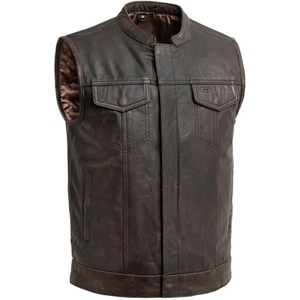 Custom <b>Men's</b> <b>Brown</b> Perforated Genuine Cowhide Leather Motorcycle Vest Stand Collar Biker Club Leather <b>Waistcoat</b> - Product Image 1