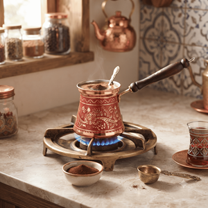 Cafetera turca de cobre esmaltado con rubí, estilo vintage, Cezve, Ibrik árabe, Briki griega, calentador de leche para estufa con mango de madera - Product Image 3