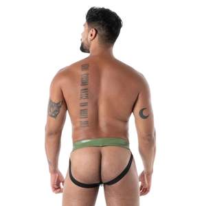 Jockstrap en latex zippé effet seconde peau kaki pour homme, style fetish, avec poche sexy - Product Image 4