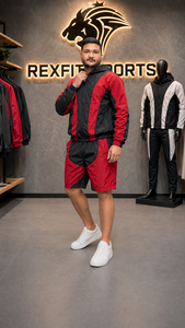 ชุดกันลมไนลอนสีแดงดำแบบสั่งทำพิเศษ REXFIT SPORTS 2026 เสื้อแจ็คเก็ตมีฮู้ดแบบซิปเต็มตัวและกางเกงขาสั้นมีซิป ชุดกีฬาแบบสั่งทำพิเศษ - Product Image 6