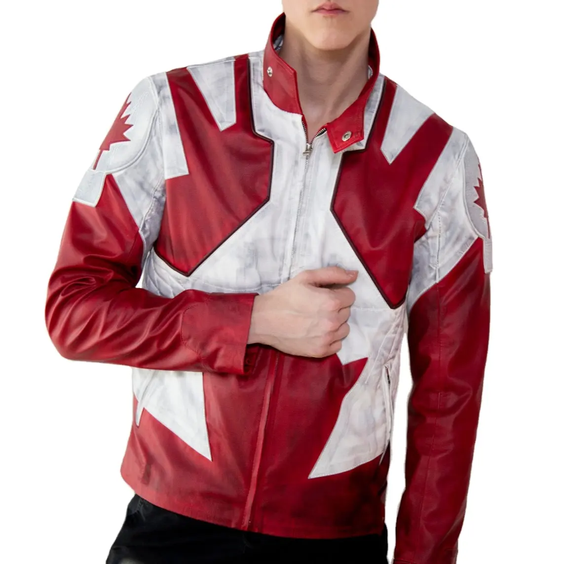 Personalizza i colori rosso bianco alla moda bandiera canadese giacca da uomo in vera pelle di agnello