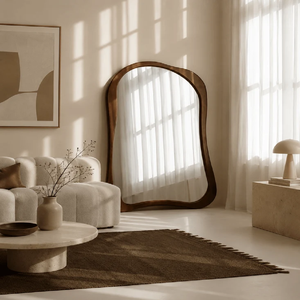 Tall floor <b>mirror</b> with a trapezoidal wood frame tapering outward at the base, available at wholesale prices. - Product Image 2