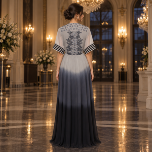 Vestido de Noche con Bordado Floral y Efecto Ombre |   Vestido Largo con Escote en V Profundo y Manga Corta, Estilo Línea A, para Fiestas, Bodas, Eventos Formales - Product Image 4