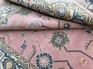 Traditional Hand Knotted Wool Oushak Area Rug Geometric Floral Persian Style Eco Friendly Pet Friendly Cushioned Pink Blue - Product Image 2