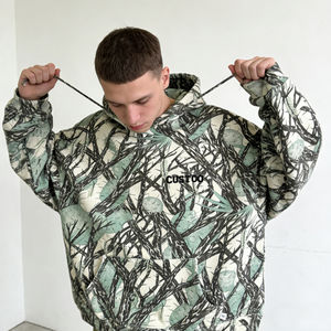 Sudadera con Capucha para Hombre, Moderna, Verde Beige Claro, Estampado de Ramas de Árbol, Tela Suave, Logotipo Personalizado, Talla Grande, con Bolsillos y Mangas Largas - Product Image 2