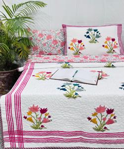 Handmade Block Printed Luxury Floral Cotton Quilt King Size <b>Comforter</b> Reversible Bedspread Set 3-Piece All-Season Pillow Covers - Product Image 2