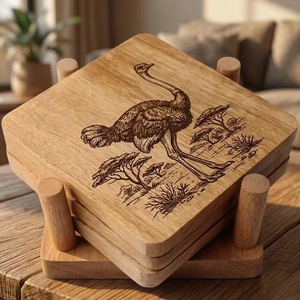 Juego de Posavasos Cuadrados de Madera con Diseño de Avestruz, Hechos a Mano, Antideslizantes, Acabado Natural, 10 cm de Diámetro - Product Image 2