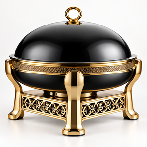 Plat à réchaud rond de luxe en acier inoxydable noir et or avec couvercle en dôme et support décoratif - Product Image 2