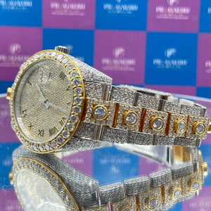 Montre de luxe pour homme, dorée, à quartz, avec bracelet en acier inoxydable bicolore style diamant, montre-bracelet habillée - Product Image 3