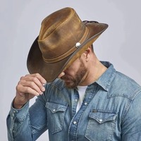 Sombrero de Vaquero de Cuero Marrón Medio para Hombre, Estilo Western Outback, con Banda Cosida, Ala Ancha, Casual, para Viajes al Aire Libre, Protección Solar