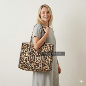 Grand sac fourre-tout matelassé en coton à imprimé léopard pour femme, réutilisable, sac de plage, sac de voyage écologique, grande capacité, été - Product Image 1
