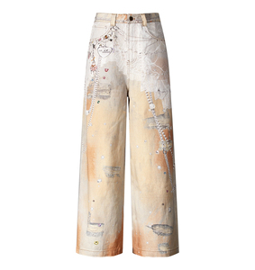 Jean ample taille haute pour femme, style Y2K, imprimé artistique vintage, coupe palazzo, en denim délavé, streetwear, coupe décontractée - Product Image 1