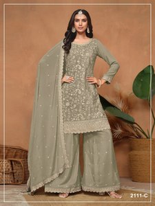 Costume en coton brodé vert olive pour femmes avec dupatta, tenue traditionnelle indienne pakistanaise, coupe ample, longueur cheville, vêtements décontractés - Product Image 1