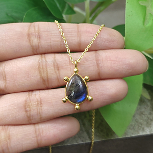 Elegant 18k Gold Plated Teardrop <b>Statement</b> Fashion Pendant Unisex Brass Jewelry Wholesale Bezel set Beaded Design Fancy <b>Necklace</b> - Product Image 5