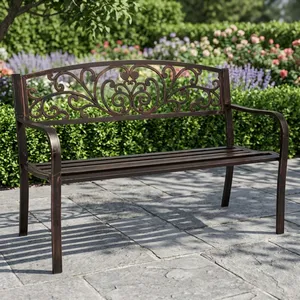 Banco de Jardín Decorativo de Metal para Exteriores con Respaldo y Reposabrazos con Diseño Floral para Patio, Césped, Parque, Balcón y Terraza - Product Image 5
