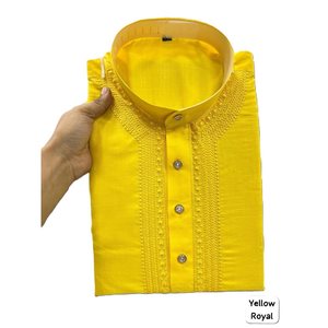 DISEÑADOR ALGODÓN BORDADO TRABAJO HOMBRE KURTA CON PIJAMA LISTO PARA LLEVAR AMARILLO - Product Image 1