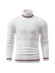 Men's Striped <b>Turtleneck</b> Pullover <b>Sweater</b> Slim Fit Rib Knit Roll Neck Contrast Trim Warm Fall Winter Knitted Jumper for Men - Product Image 2