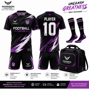 Conjunto de Uniforme de Fútbol Personalizado en Morado y Negro, Sublimado, con Pantalones Cortos, Calcetines y Bolsa Deportiva - Product Image 2
