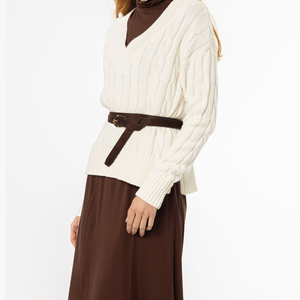Pull en tricot torsadé à col en V pour femme, 100% laine, manches longues, épais, décontracté, coupe classique, couleur unie, tricoté à la main - Product Image 2