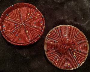 Red Beaded Coasters with Holder Eco-Friendly Customizable Polyester/Cotton Set of 6 Festive Tableware - Product Image 1
