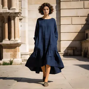 Women Plain Navy Blue <b>Boho</b> Maxi <b>Dress</b> <b>Long</b> Sleeve Oversized Loose Fit Round Neck Tiered Hem Casual Elegant <b>Dress</b> - Product Image 1