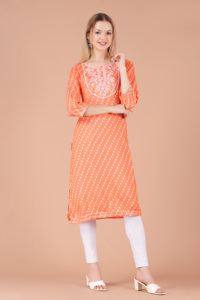 Women Orange Printed Straight <b>Kurti</b> Ethnic Casual Wear <b>Kurti</b>, Embroidery Work <b>Kurti</b> , Trendy <b>Kurti</b> , New Kurta - Product Image 5