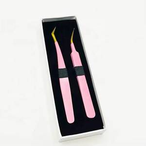 Morje Surgical <b>Pink</b> Eyelash Tweezers Set Stainless Steel Precision <b>Tools</b> with Serrated & Toothed Tips 10mm Length in <b>Box</b> - Product Image 1