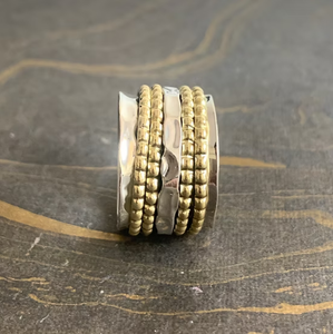 Artisan Crafted Two Tone Spinning <b>Ring</b> Hammered Sterling <b>Silver</b> Beaded Wide Band Boho Meditation Gift - Product Image 2