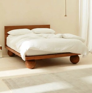 Teak Wood <b>Bed</b> <b>Frame</b> <b>Queen</b> <b>Size</b> Solid Wood Handmade Scandinavian Style Bedstead with Round Legs Natural Finish - Product Image 3