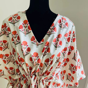 Robe longue kaftan imprimée à la main en coton, robe maxi, robe de plage à col en V, robe d'été pour elle, cadeau d'Halloween, robe à imprimé floral, kaftan - Product Image 1