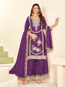 Salwar Kameez CHINON avec broderie intérieure complète et riche – Tenue élégante pour femme pour mariage, fête, Diwali et bal de promo - Product Image 3