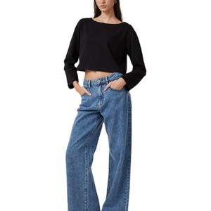 Camiseta de Punto Personalizada para Mujer, Color Negro Sólido, Manga Larga, Cuello Redondo, Corte Recortado, Ajuste Holgado, Informal, para Todas las Temporadas, 100% Algodón Transpirable - Product Image 5