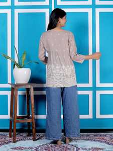 Premium Women Taupe Embroidered Cotton Blend Tunic <b>Top</b> Three Quarter Sleeve Ethnic Casual Peplum Style Designer <b>Top</b> - Product Image 5