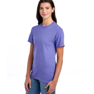 Camiseta de algodón de manga corta para mujer, color morado, cuello redondo, corte regular, informal, de punto liso. - Product Image 2