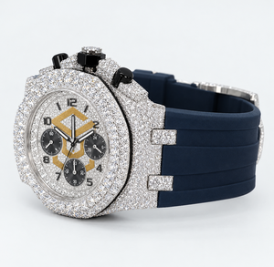 Montre chronographe analogique à quartz pour homme, luxe, sertie de diamants moissanite, avec bracelet en caoutchouc bleu - Product Image 4