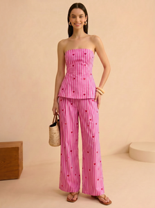 Cotton Tube <b>Corset</b> Heart Print Top With Matching Bottom Two Piece Set Smart Stripes Work Wear Tube Top And Wide Leg Casual Wear - Product Image 1