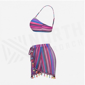 Ensemble tankini rayé en mousseline de soie pour femme grande taille avec short à franges et haut kimono ouvert sur le devant - Product Image 3