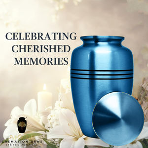 Urne funéraire en métal bleu mat pour cendres humaines |   Urne funéraire moderne pour adultes, bandes noires, écologique, personnalisable |   220 Cubic - Product Image 6