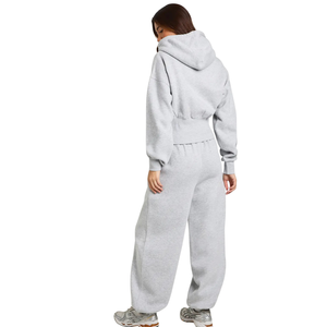 Women Cropped Zip Hoodie Tracksuit <b>Set</b> Drawstring Hood Wide Leg Trousers Elastic Waist Casual <b>Two</b> <b>Piece</b> <b>Lounge</b> Outfit Wholesales - Product Image 2