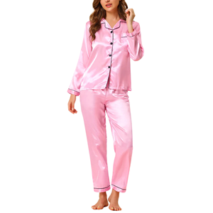 Conjunto de pijama de satén transpirable para mujer con ropa de dormir suave con botones y patrón sólido para verano otoño y primavera - Product Image 5