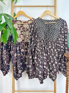 Chemisier bohème floral terreux en pur coton Top Indian Bagru Block Print Comfy Daywear - Product Image 5