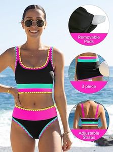 ชุดบิกินี่ลายดอกไม้สำหรับผู้หญิง แบบทูพีซ เอวสูง ท่อนบนแบบ Bandeau แต่งขอบตัดสี ผ้าสเตรช ทรงปกติ ด้านหน้า - Product Image 6