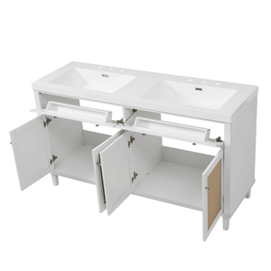 Meuble-lavabo de salle de bain 60 pouces en bois massif avec double vasque (SMC), 2 plateaux amovibles/tiroirs rabattables, 4 tiroirs à fermeture douce pour un grand espace de rangement - Product Image 2