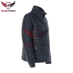 Chaqueta de Cuero Genuino Negra para Hombre, Acolchada, con Cuello Alto, Estilo Motero, de Piel de Vaca, Clásica, Personalizada, para Invierno - Product Image 2