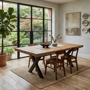 Table à manger en bois de Suar massif avec bord naturel, pieds en métal noir en forme de X, style industriel rustique, meubles de cuisine, plateau en bois naturel - Product Image 5