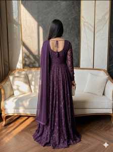 Elegante Salwar Kameez de Georgette Morado, Vestido de Novia Largo hasta el Suelo con Dupatta para Mujer, Sin Arrugas, de Secado Rápido, para Fiestas, India, Pakistán - Product Image 3