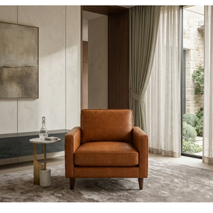 Fauteuil en cuir Cognac pour salon de luxe discret, chaise longue élégante et minimaliste, design intérieur haut de gamme, fauteuil en cuir - Product Image 1